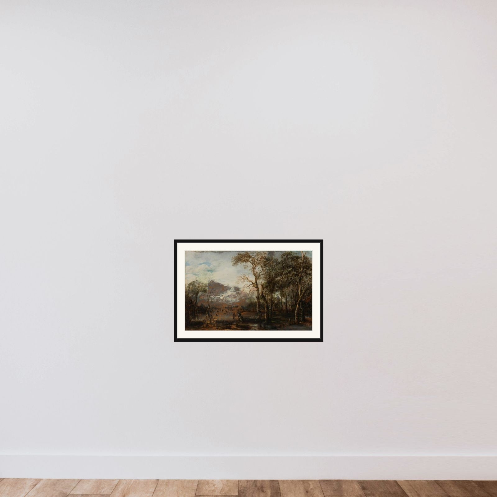 Wooded Landscape with Hunter/Winter Landscape framed — shown to scale