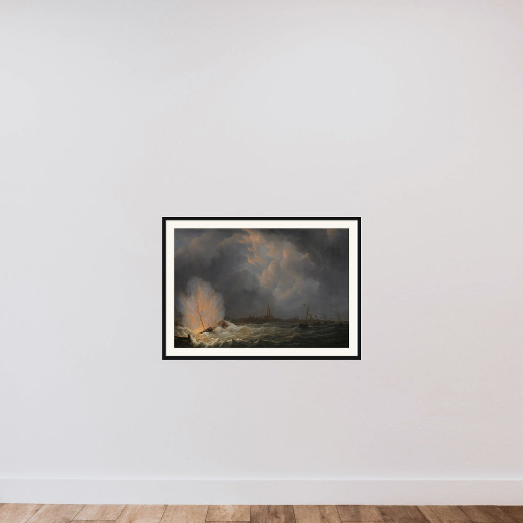 The Explosion of Gunboat nr 2, under Command of Jan van Speyk, off Antwerp, 5 February 1831 framed — shown to scale