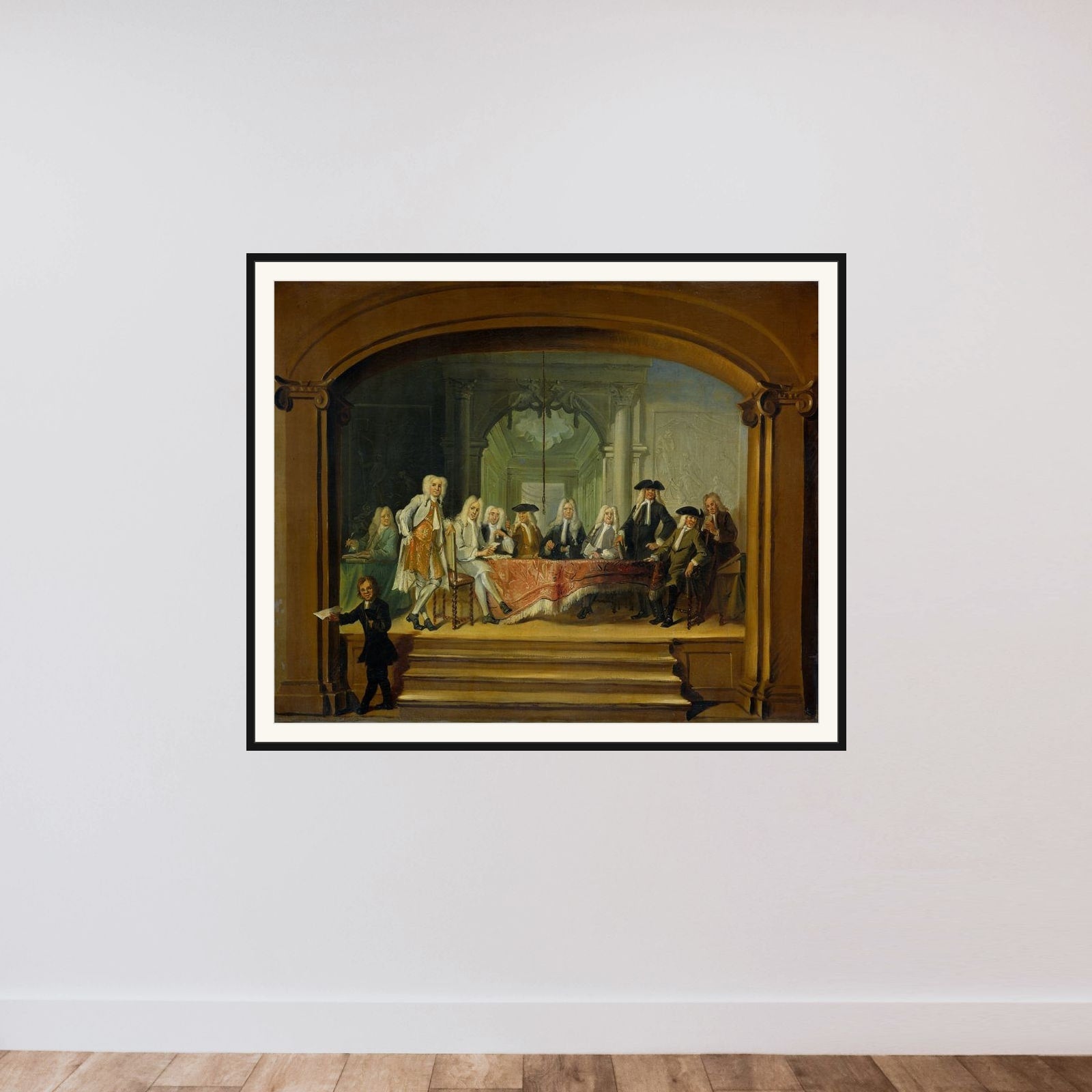 Regents of the Aalmoezeniersweeshuis Orphanage in Amsterdam, 1729 framed — shown to scale