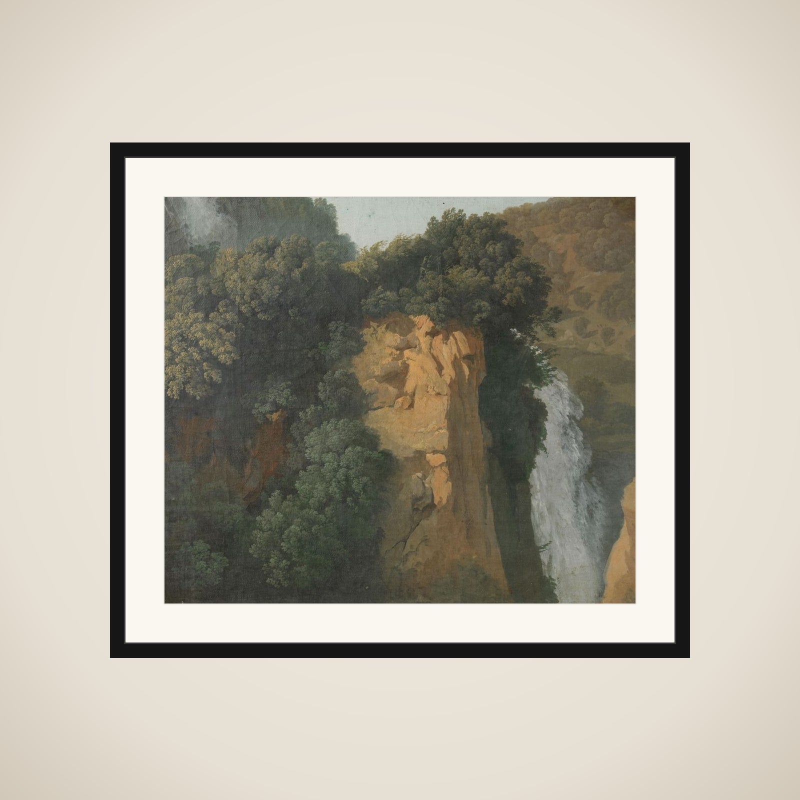 Overgrown Cliffs with a Waterfall in Italy, perhaps at Tivoli framed