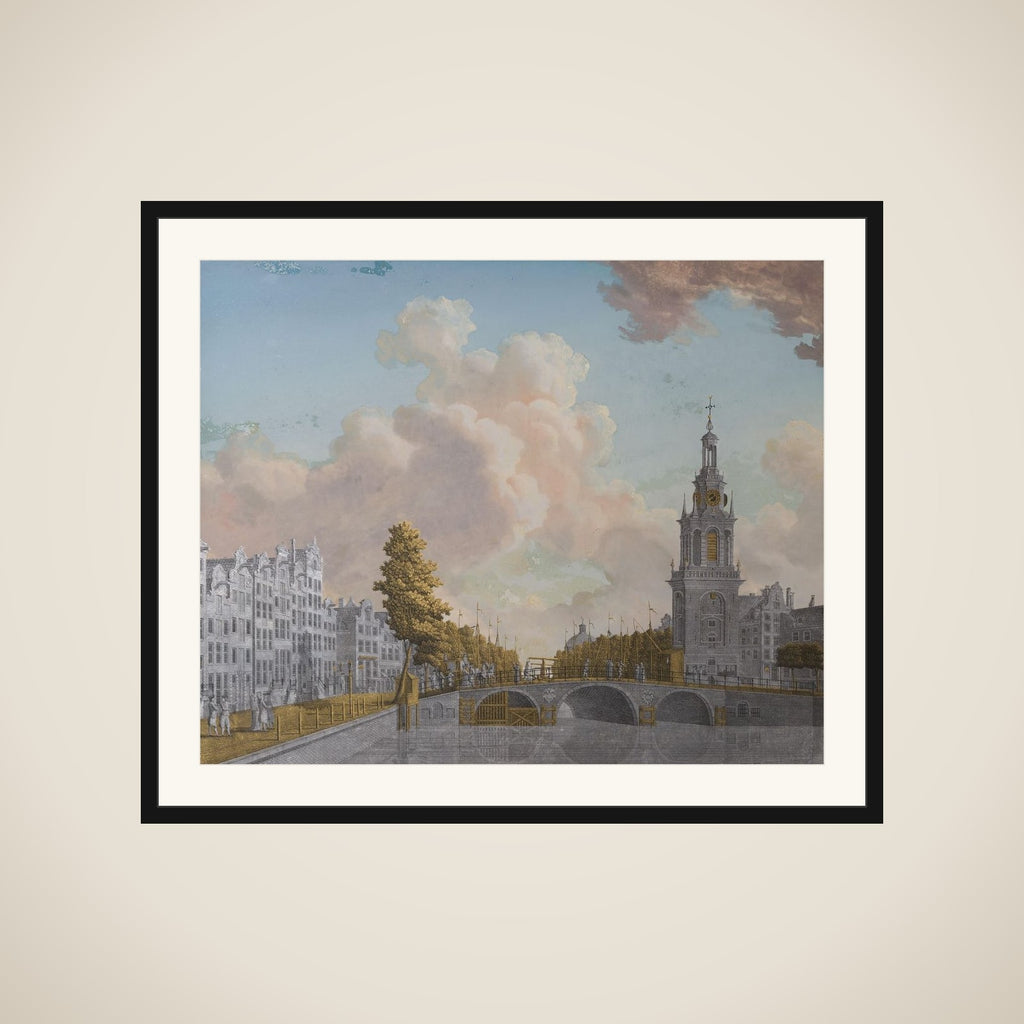 View of the Tower called Jan Roodenpoortstoren and the Singel Canal in Amsterdam framed