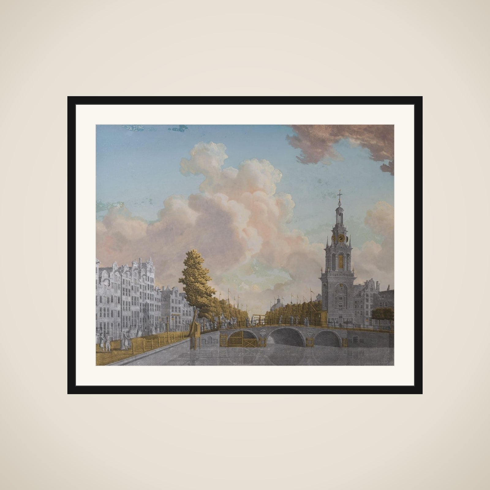 View of the Tower called Jan Roodenpoortstoren and the Singel Canal in Amsterdam framed
