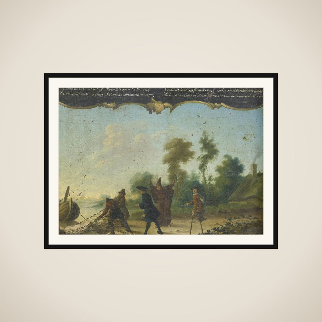 Allegory of Free Love: A Gentleman, a Monk and a Beggar Speaking with two Fishermen who Have Caught a Woman in a Net framed