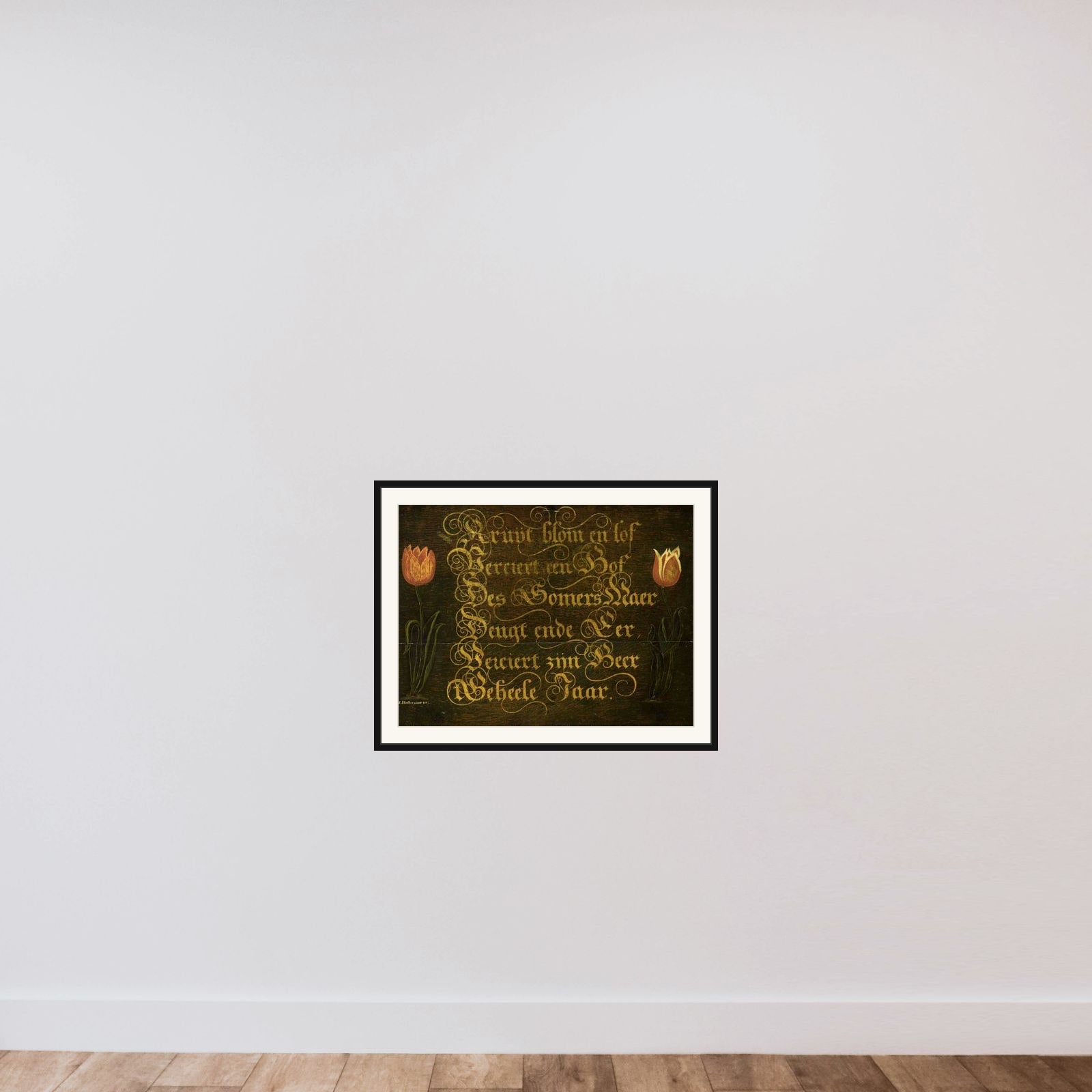 A Calligraphic Maxim, Flanked by Tulips framed — shown to scale
