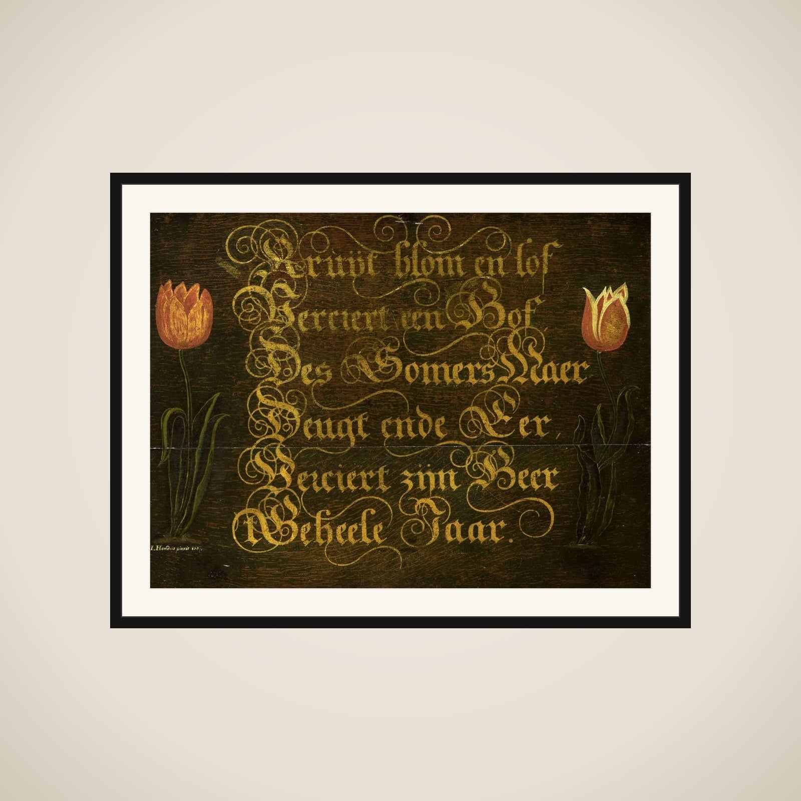 A Calligraphic Maxim, Flanked by Tulips framed