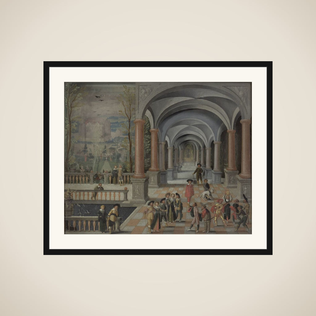 Festive Gathering and Figures from a Commedia dell'Arte in a Gallery framed