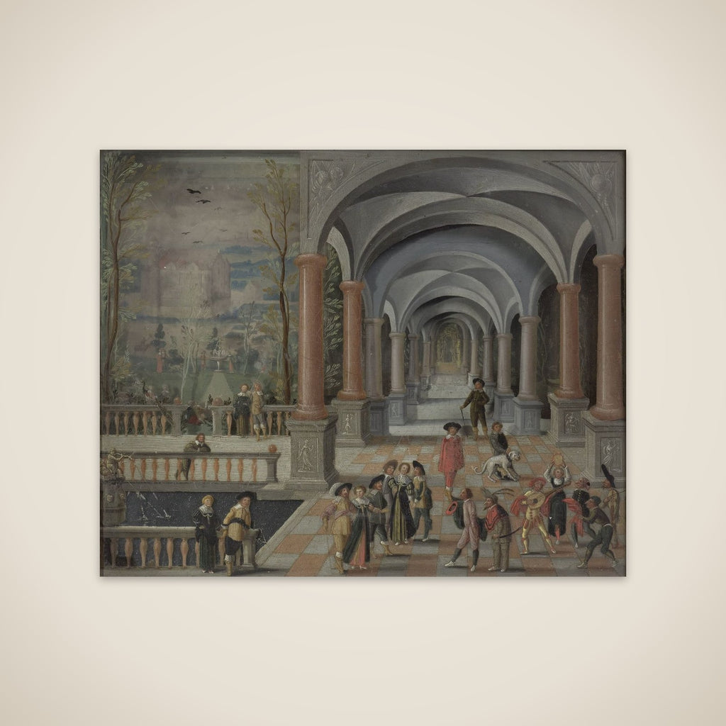 Festive Gathering and Figures from a Commedia dell'Arte in a Gallery unframed print