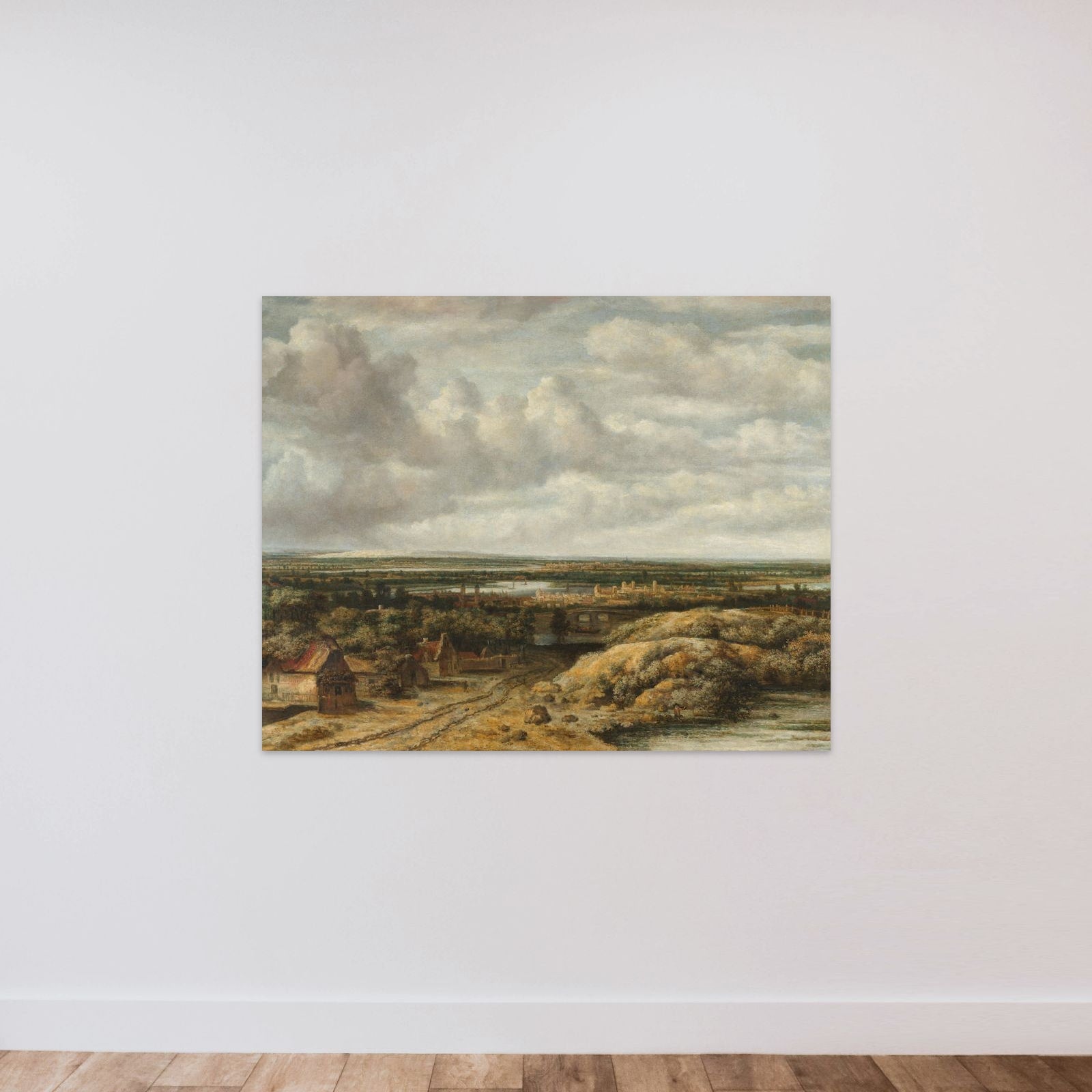 Distant View, with Cottages Lining a Road unframed — shown to scale