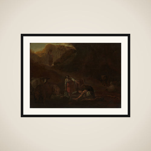 A Shepherd and Washerwomen at a Spring framed
