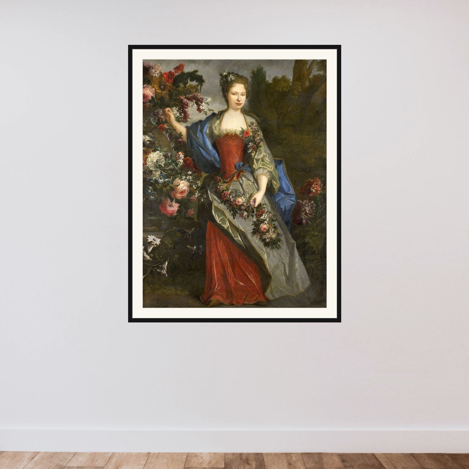 Portrait of a Woman, according to tradition Marie Louise Elisabeth d'Orléans (1695-1719), Duchesse de Berry, as Flora framed — shown to scale