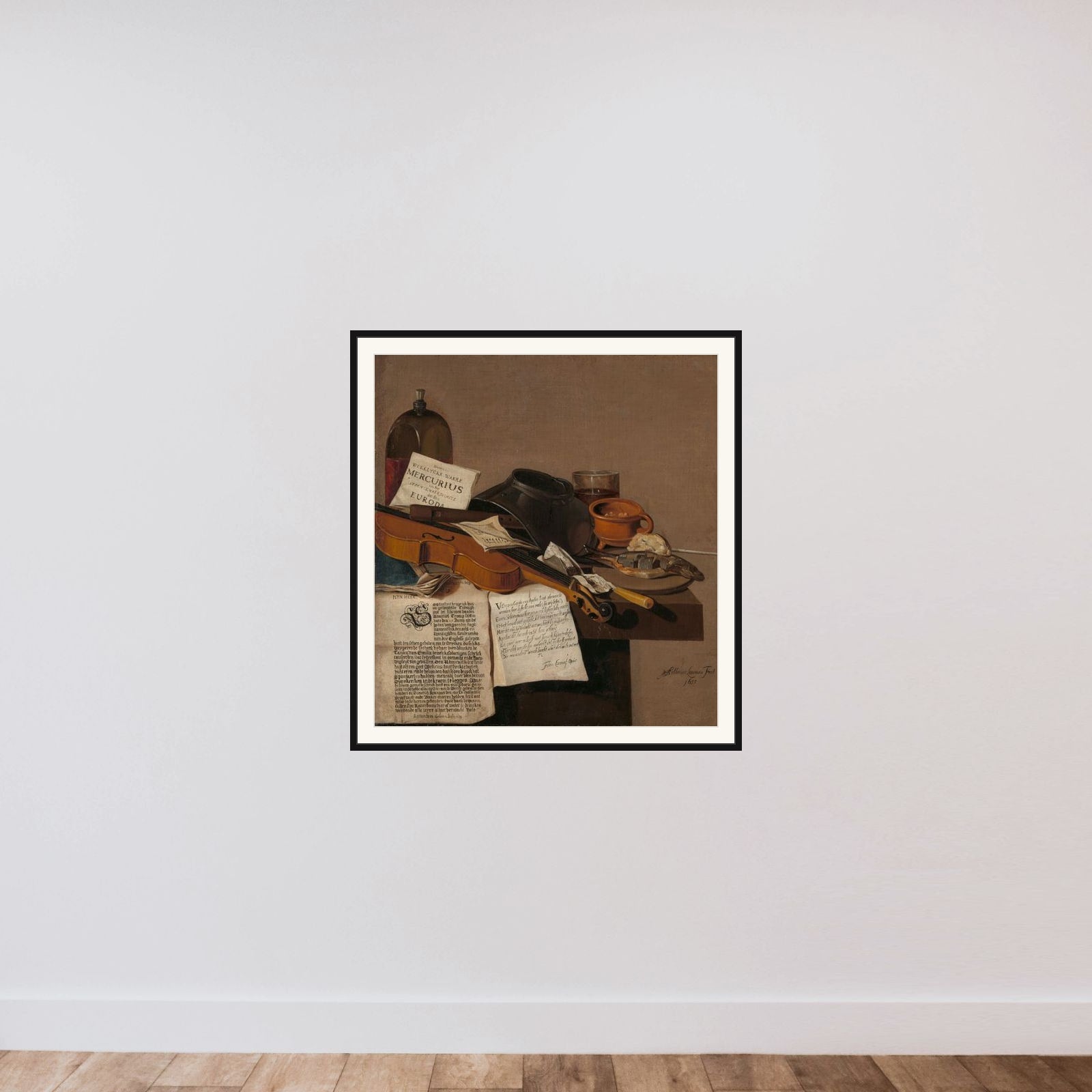 Still Life with a Copy of De Waere Mercurius, a Broadsheet with the News of Tromp's Victory over three English Ships on 28 June 1639, and a Poem telling the story of Apelles and the Cobbler framed — shown to scale