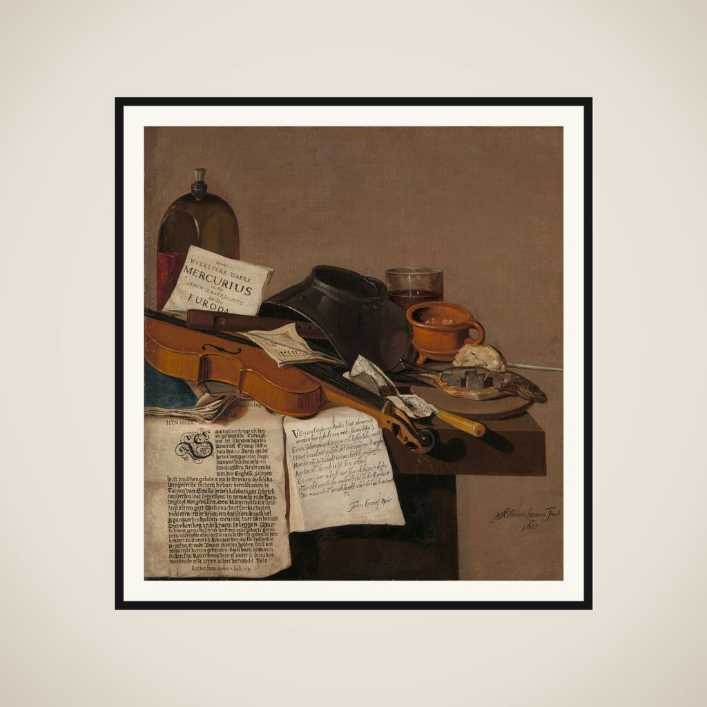 Still Life with a Copy of De Waere Mercurius, a Broadsheet with the News of Tromp's Victory over three English Ships on 28 June 1639, and a Poem telling the story of Apelles and the Cobbler framed