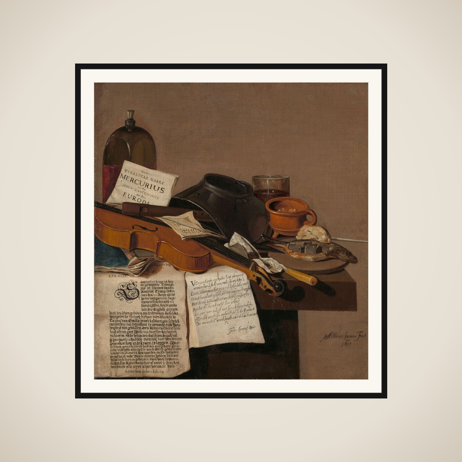 Still Life with a Copy of De Waere Mercurius, a Broadsheet with the News of Tromp's Victory over three English Ships on 28 June 1639, and a Poem telling the story of Apelles and the Cobbler framed