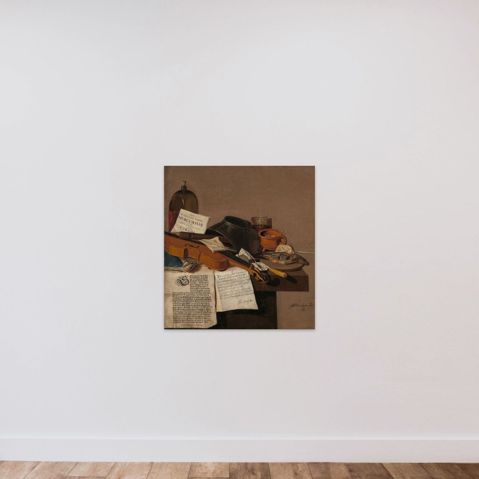 Still Life with a Copy of De Waere Mercurius, a Broadsheet with the News of Tromp's Victory over three English Ships on 28 June 1639, and a Poem telling the story of Apelles and the Cobbler unframed — shown to scale