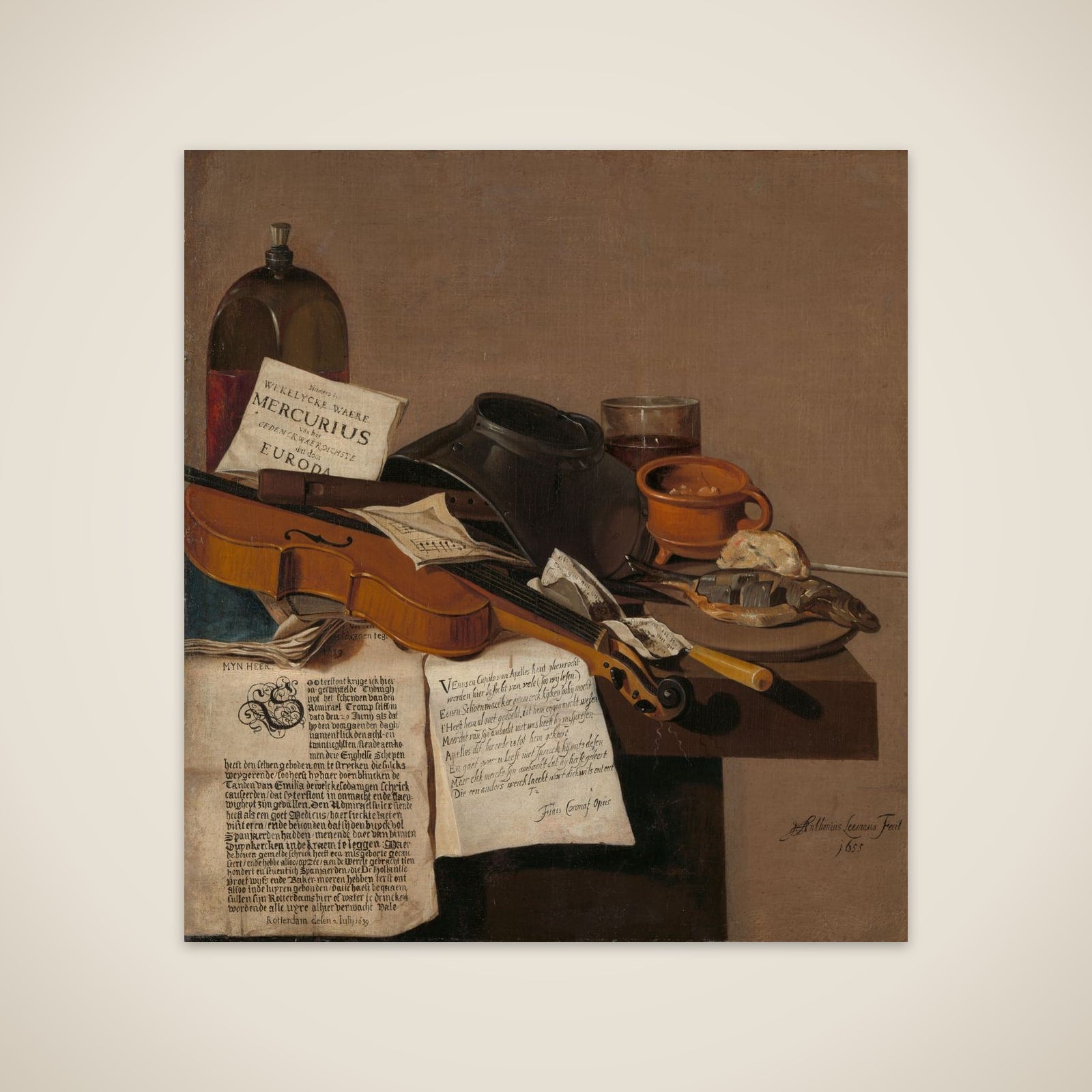 Still Life with a Copy of De Waere Mercurius, a Broadsheet with the News of Tromp's Victory over three English Ships on 28 June 1639, and a Poem telling the story of Apelles and the Cobbler unframed print