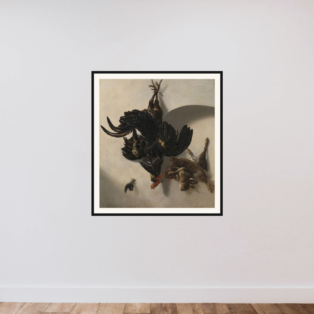 Still Life with Black Rooster and two Rabbits framed — shown to scale