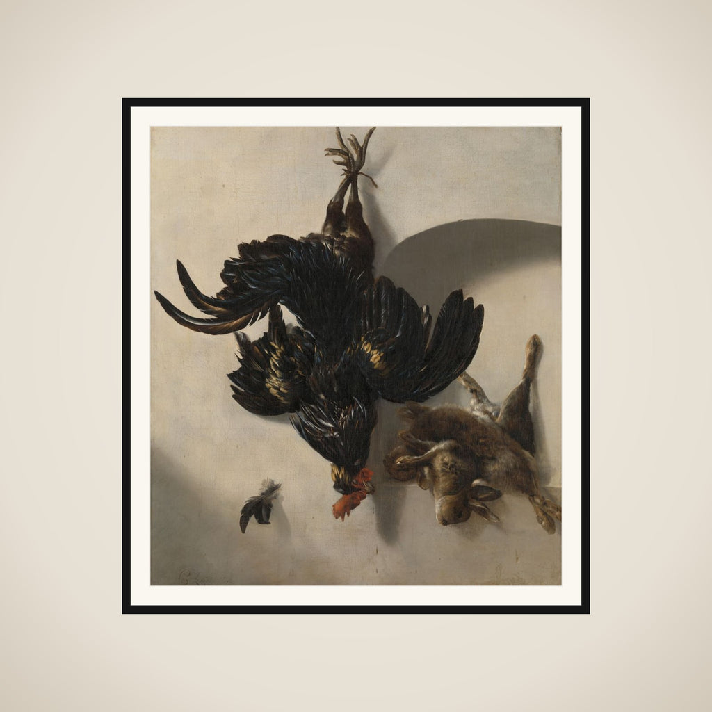 Still Life with Black Rooster and two Rabbits framed