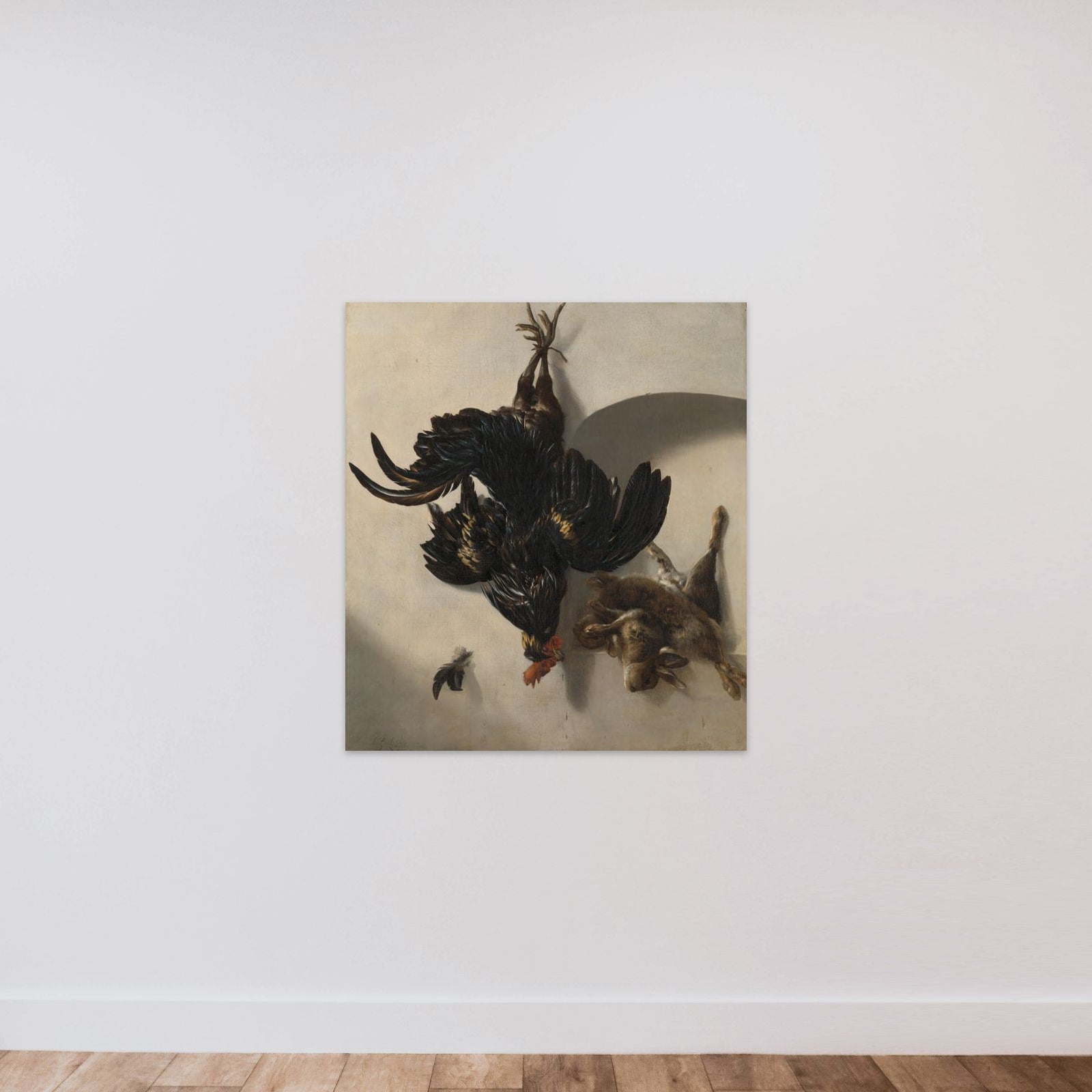 Still Life with Black Rooster and two Rabbits unframed — shown to scale