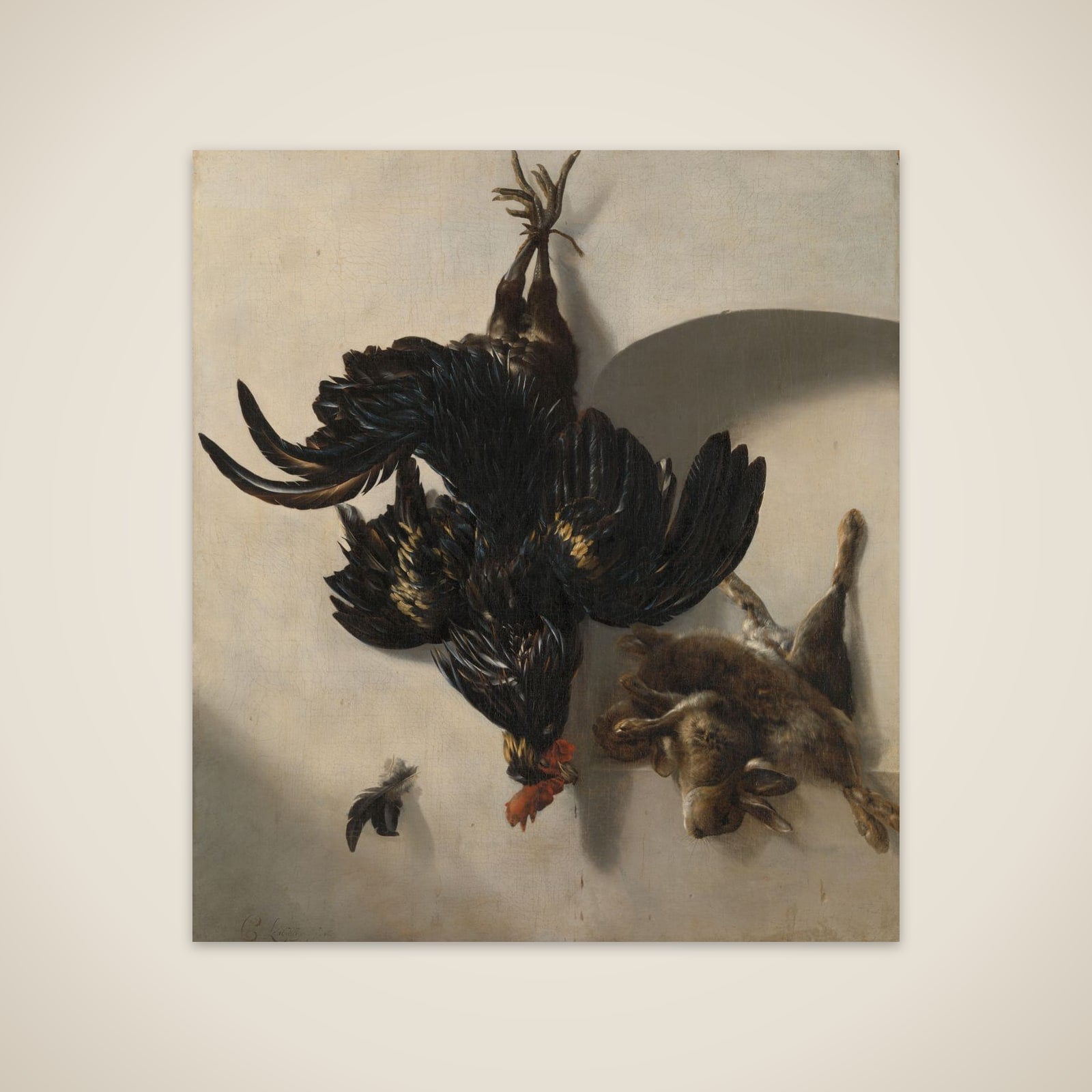 Still Life with Black Rooster and two Rabbits unframed print