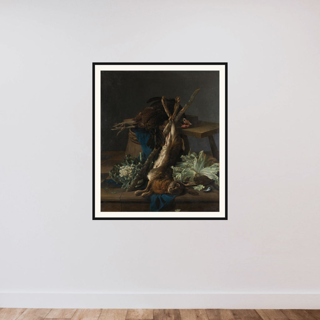 Still Life with Hare and a Black Rooster framed — shown to scale