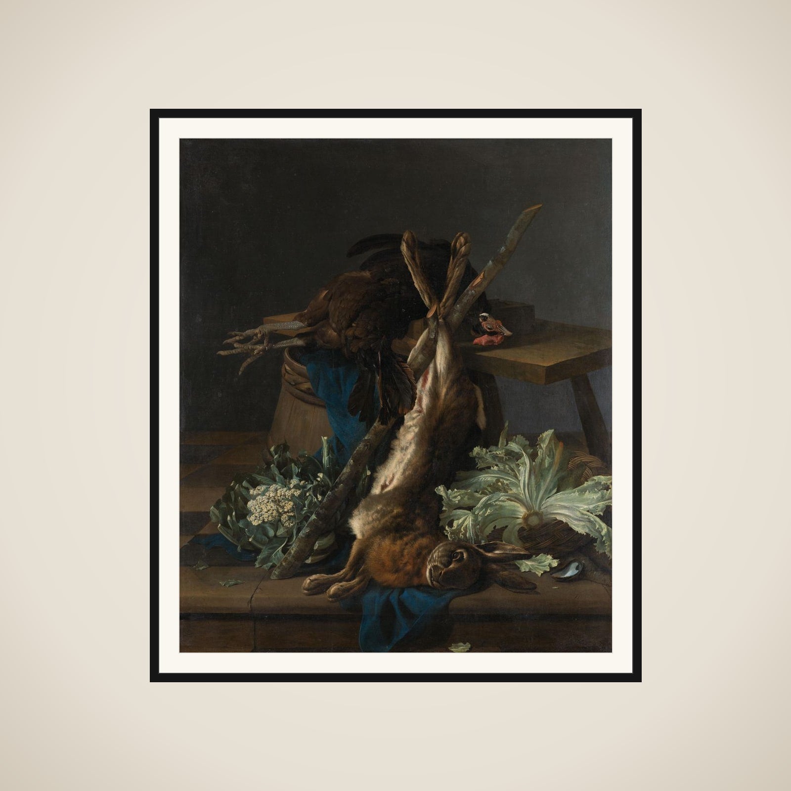 Still Life with Hare and a Black Rooster framed