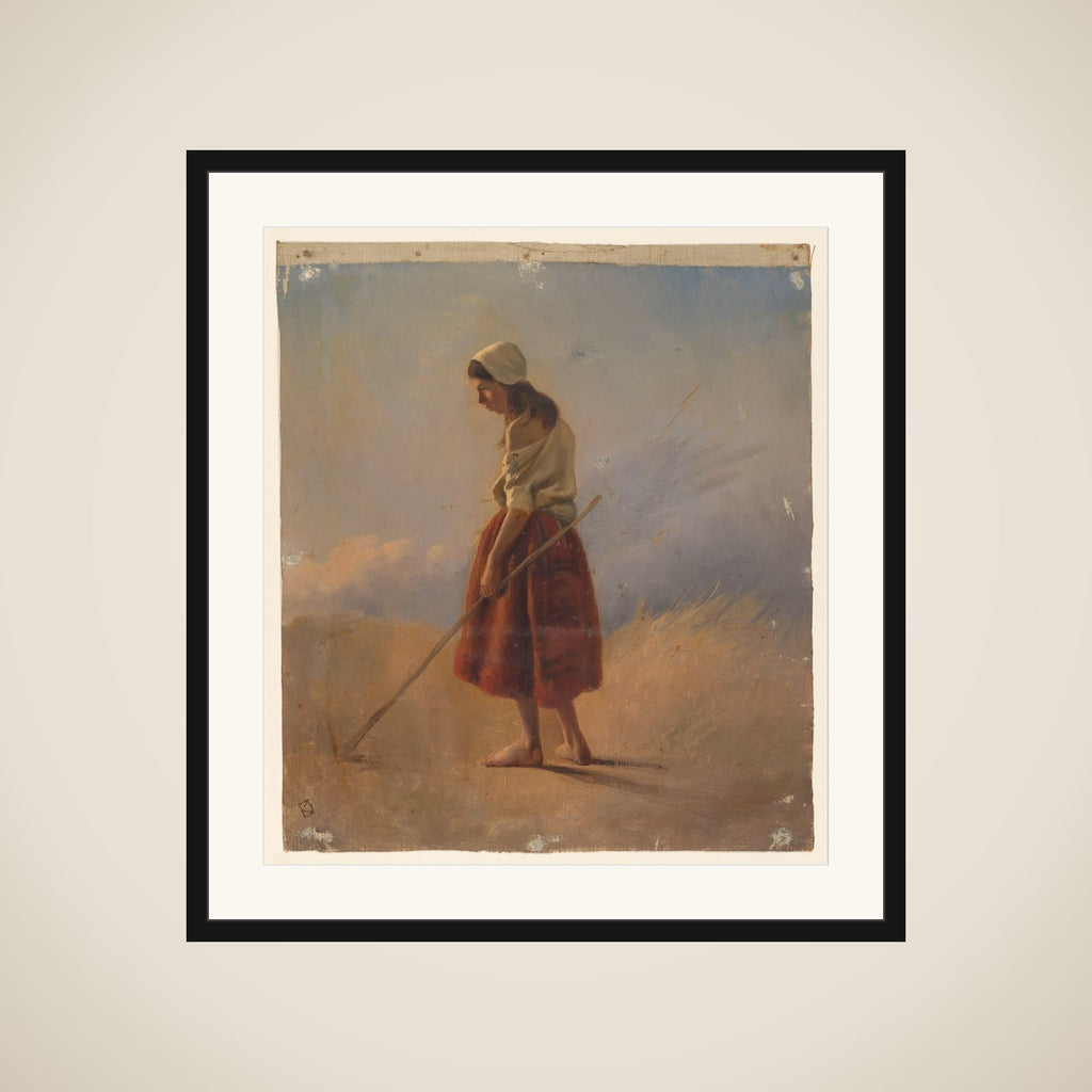Staande boerenmeisje met stok framed