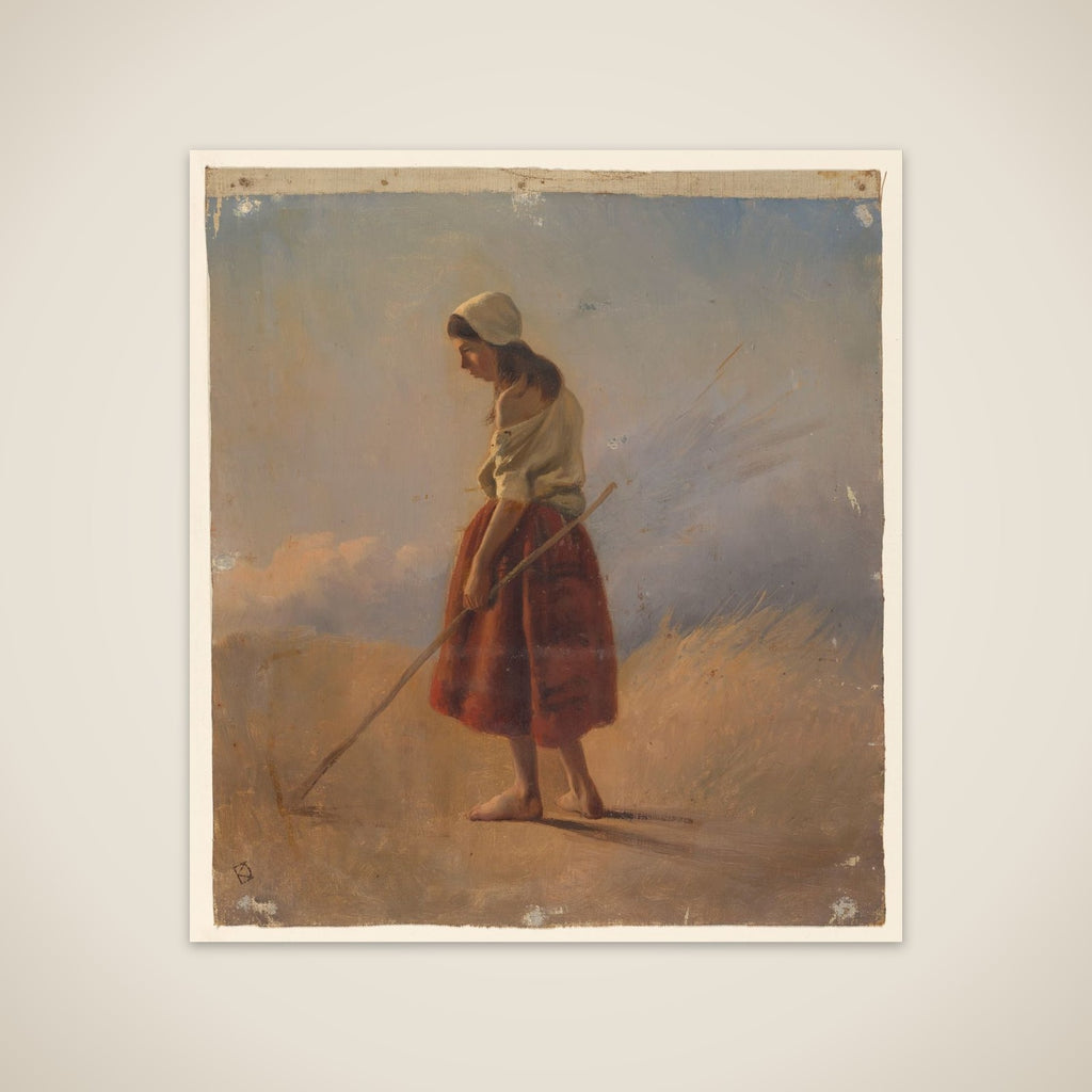 Staande boerenmeisje met stok unframed print