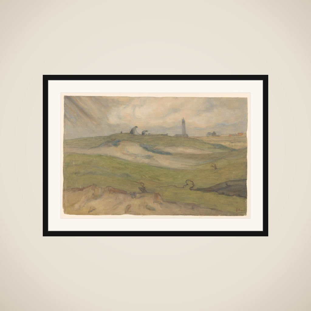 Duinlandschap met vuurtoren en nettenboeters framed