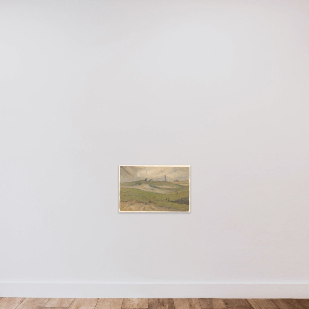 Duinlandschap met vuurtoren en nettenboeters unframed — shown to scale