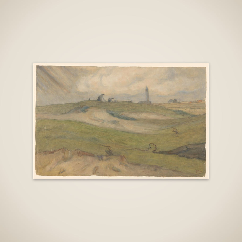 Duinlandschap met vuurtoren en nettenboeters unframed print