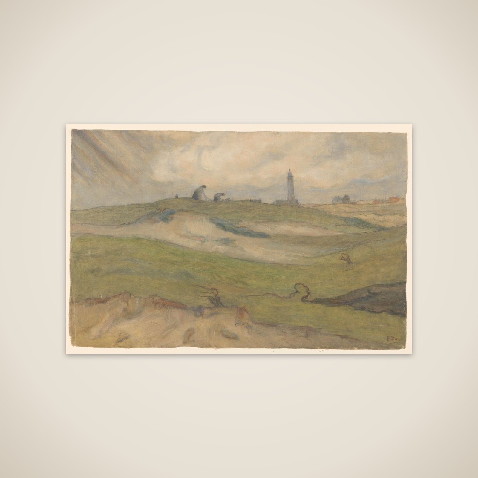 Duinlandschap met vuurtoren en nettenboeters unframed print