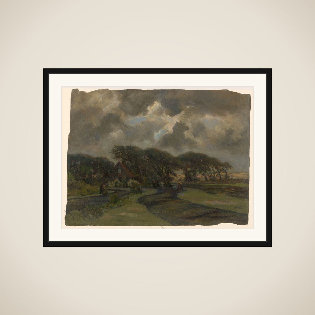 Huisje bij boomrand en vrouwen met visnetten framed