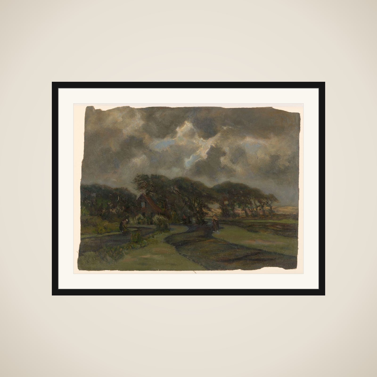 Huisje bij boomrand en vrouwen met visnetten framed