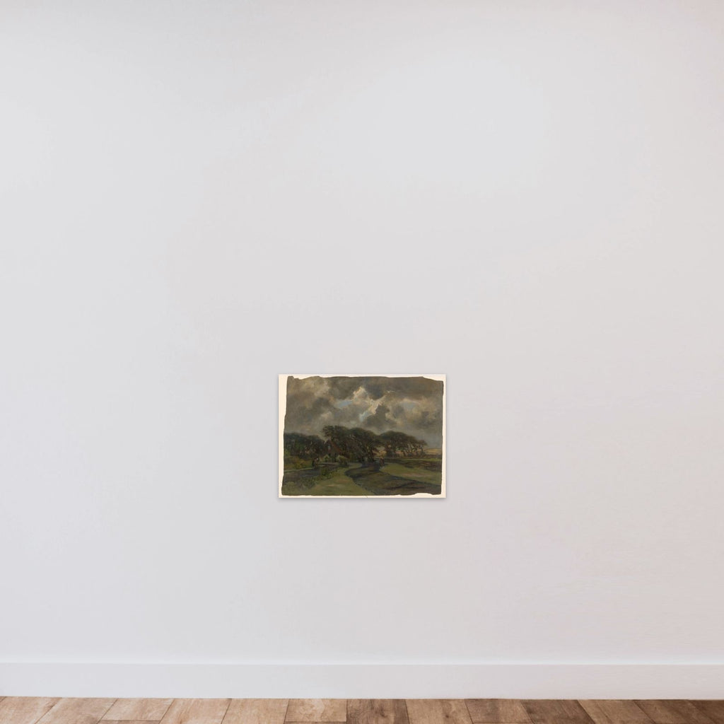 Huisje bij boomrand en vrouwen met visnetten unframed — shown to scale