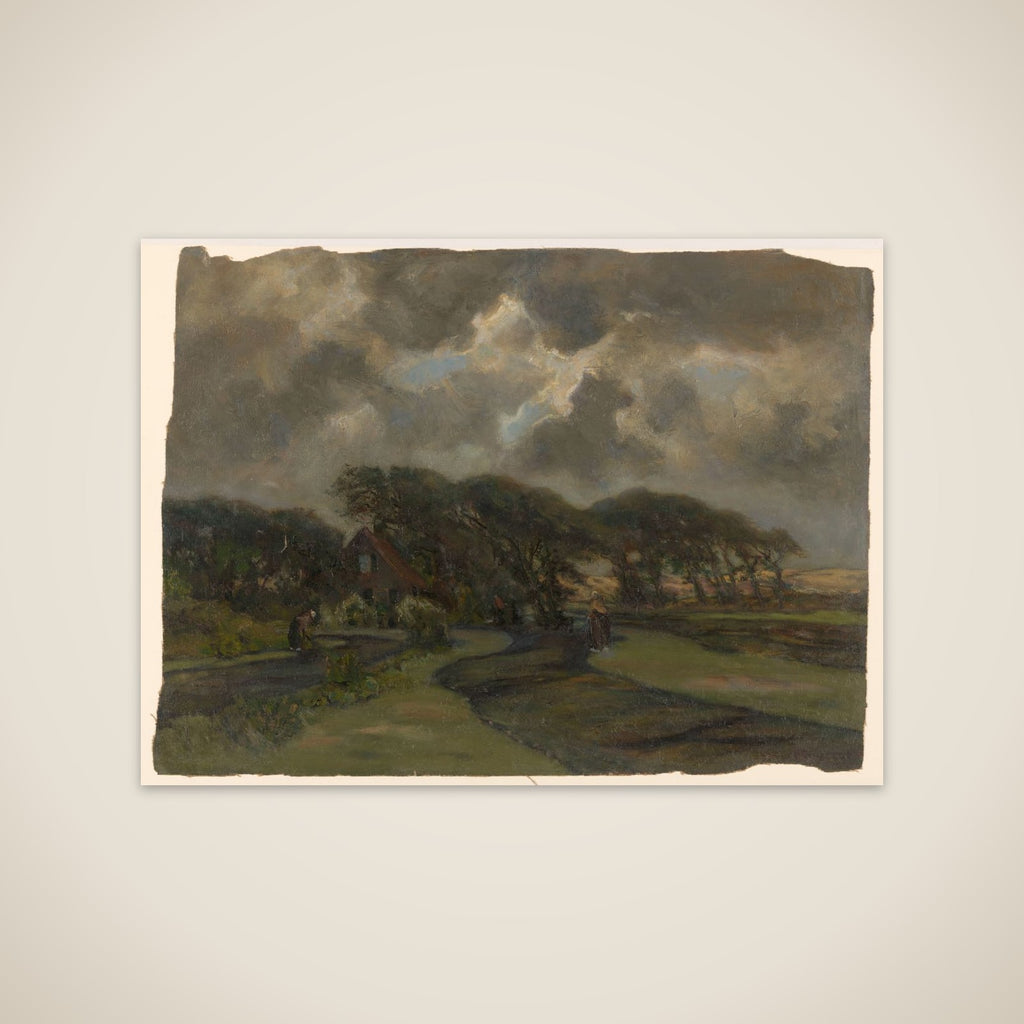 Huisje bij boomrand en vrouwen met visnetten unframed print