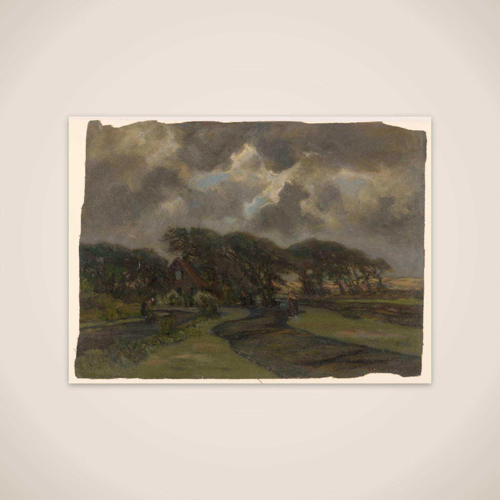 Huisje bij boomrand en vrouwen met visnetten unframed print