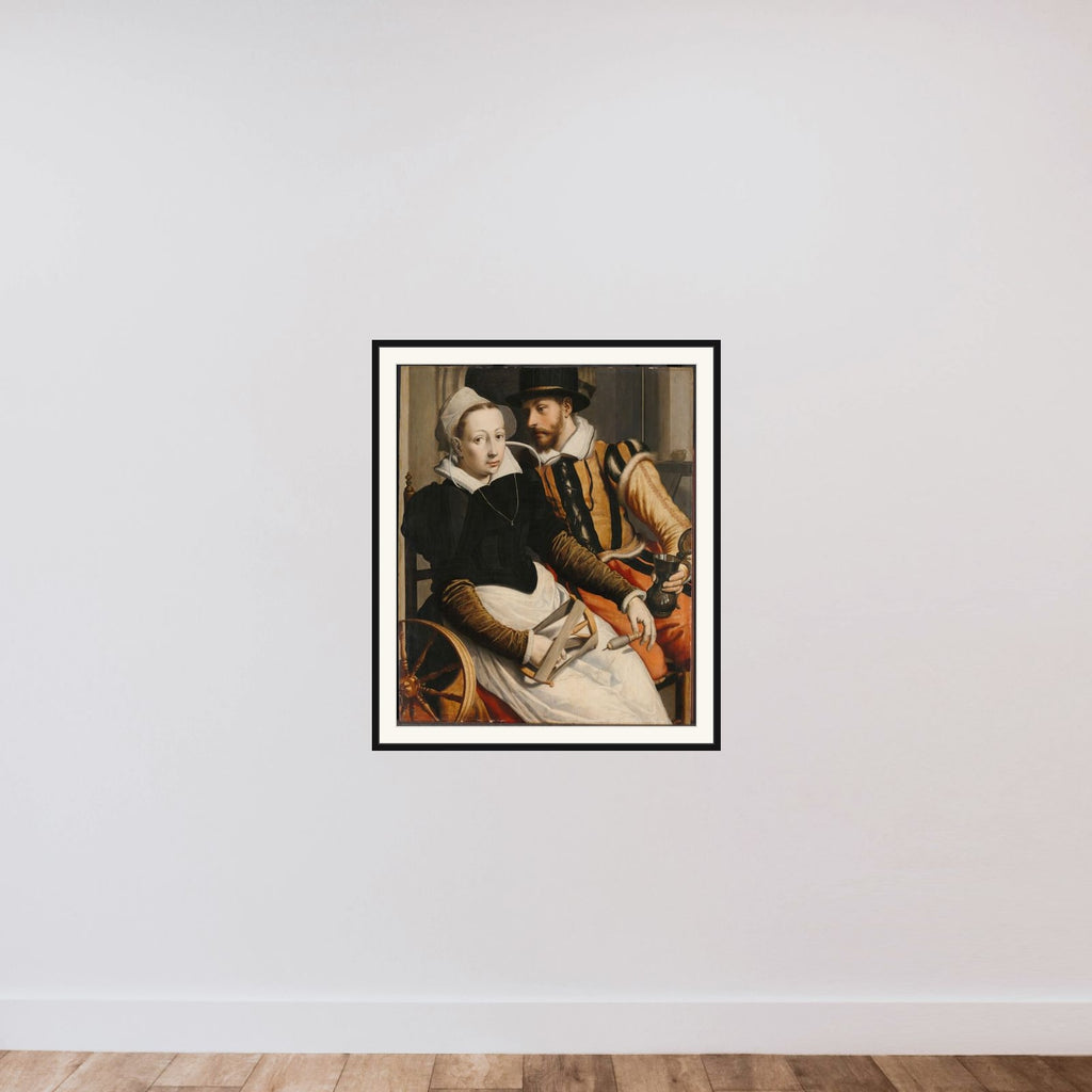 A woman at the spinning wheel and a man with a mug seated in an interior framed — shown to scale