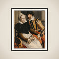 A woman at the spinning wheel and a man with a mug seated in an interior framed