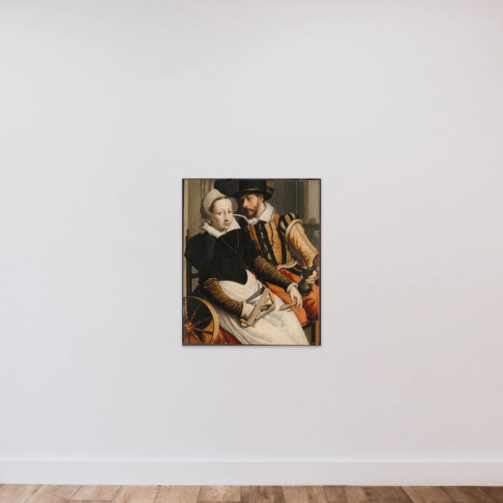 A woman at the spinning wheel and a man with a mug seated in an interior unframed — shown to scale