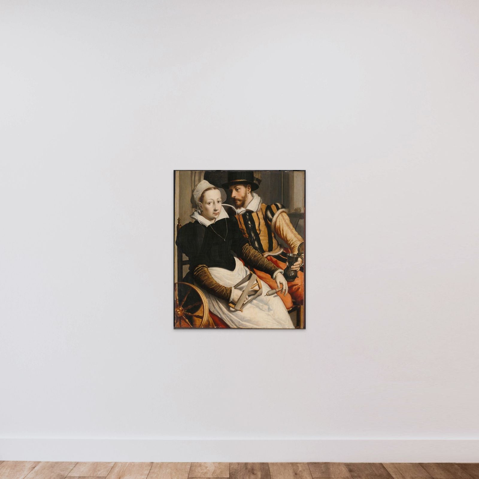 A woman at the spinning wheel and a man with a mug seated in an interior unframed — shown to scale