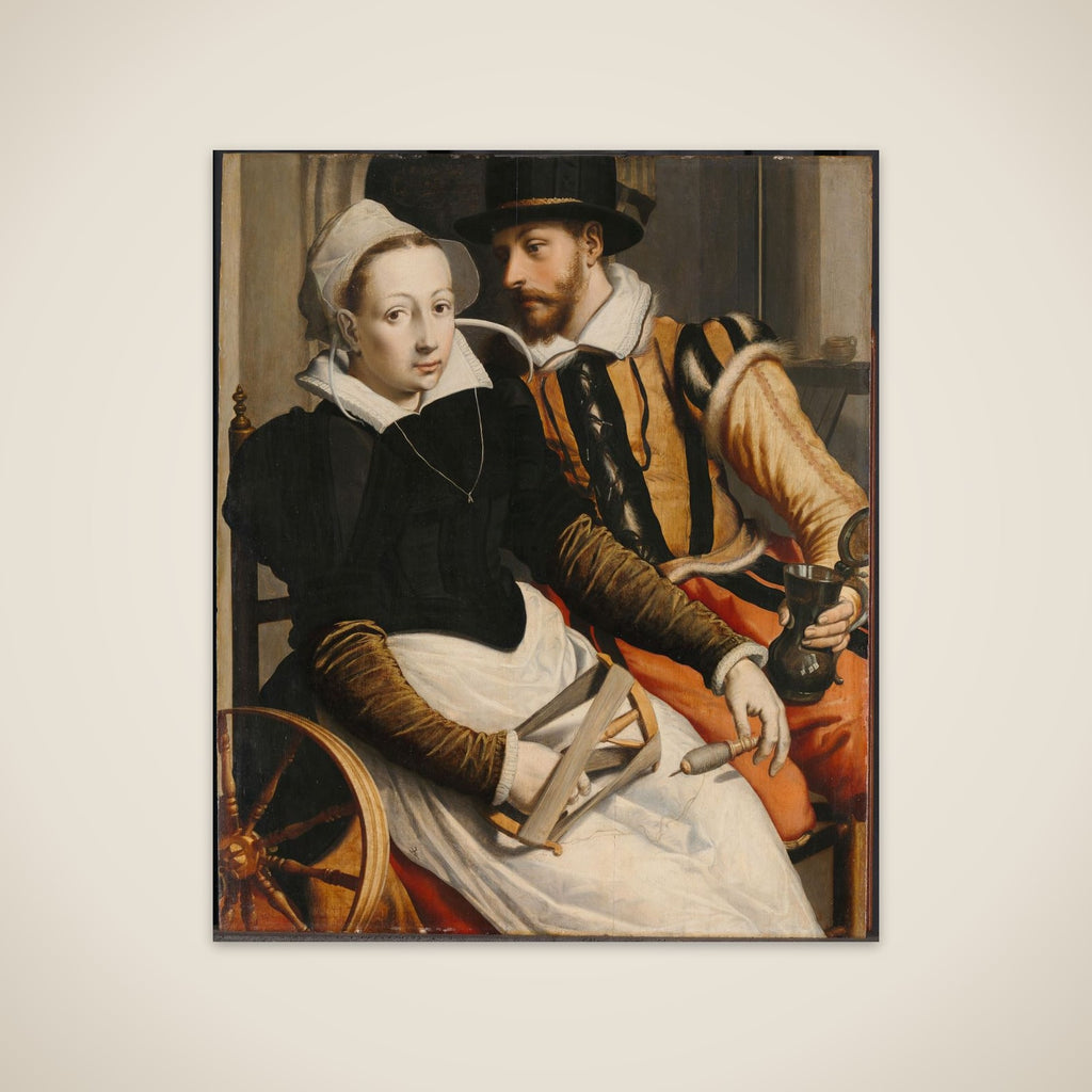A woman at the spinning wheel and a man with a mug seated in an interior unframed print