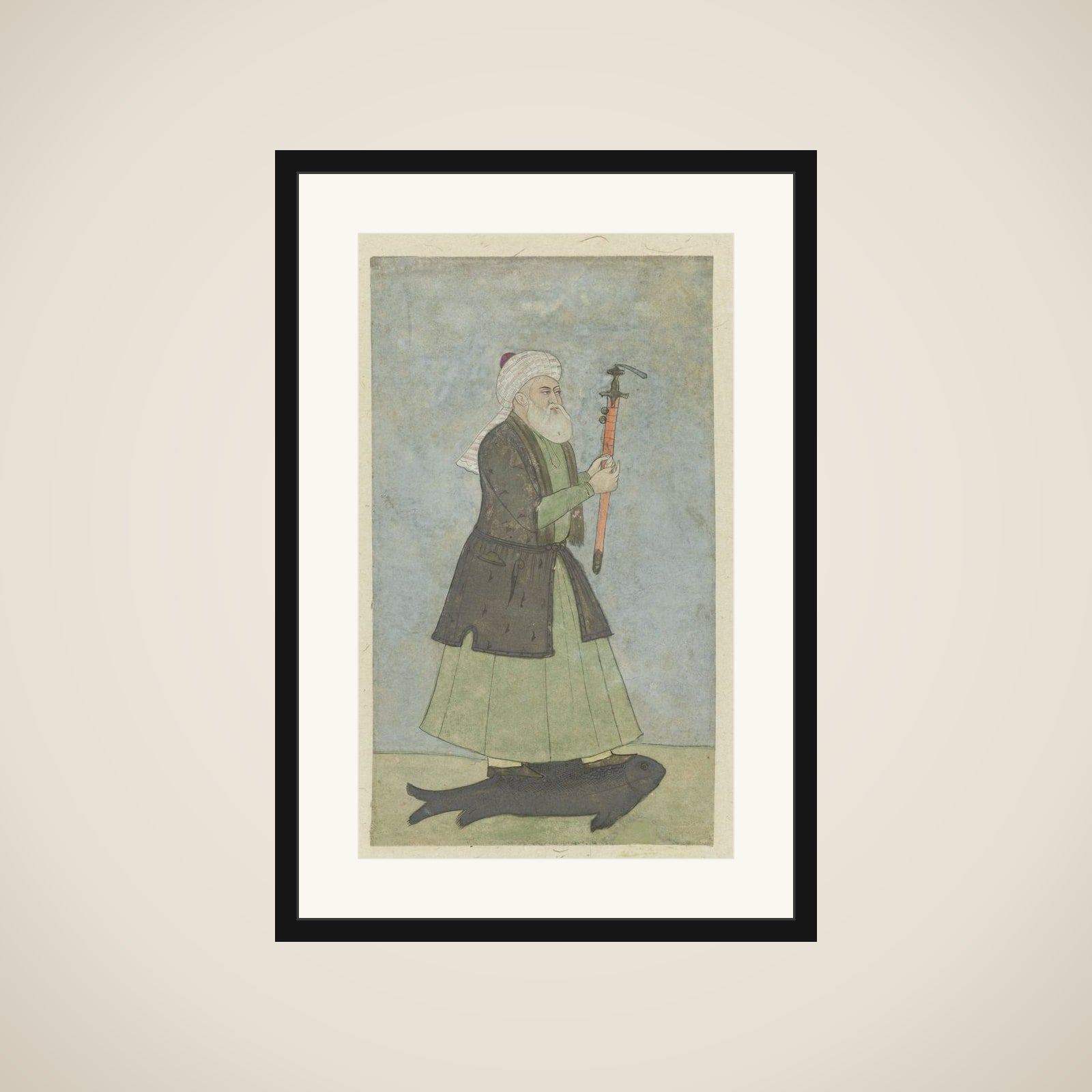 Saint Khwaja Khadir with een zwaard in zijn hand. staande op een vis framed