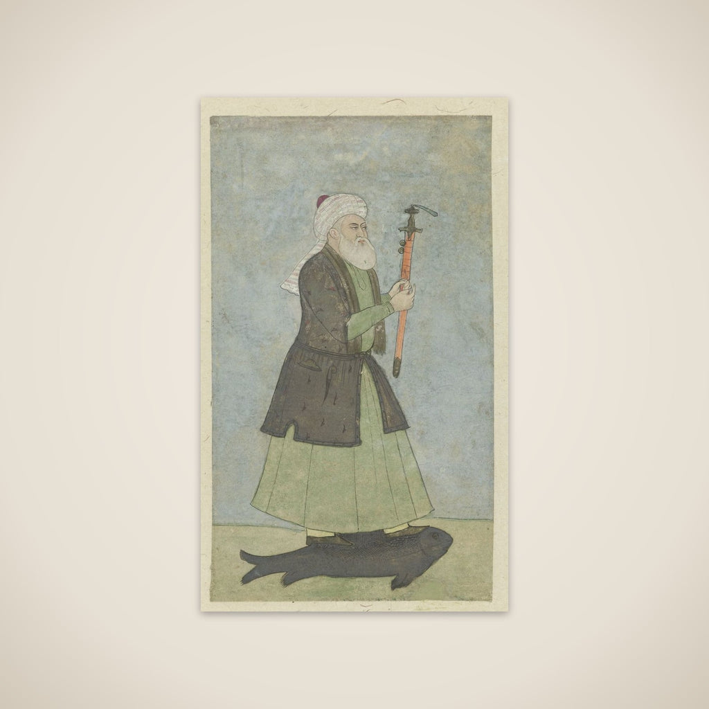 Saint Khwaja Khadir with een zwaard in zijn hand. staande op een vis unframed print