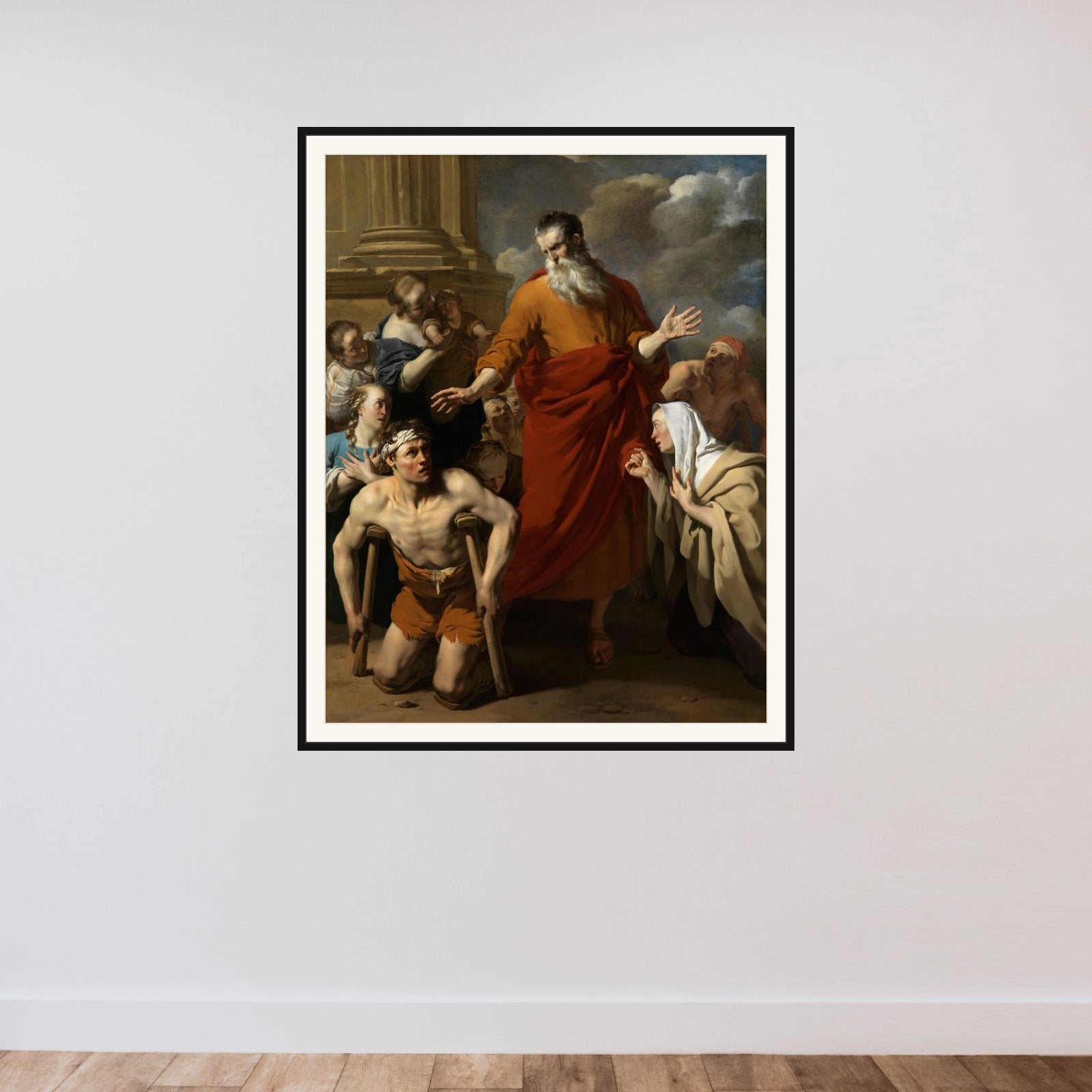Paul healing a man who could not walk framed — shown to scale