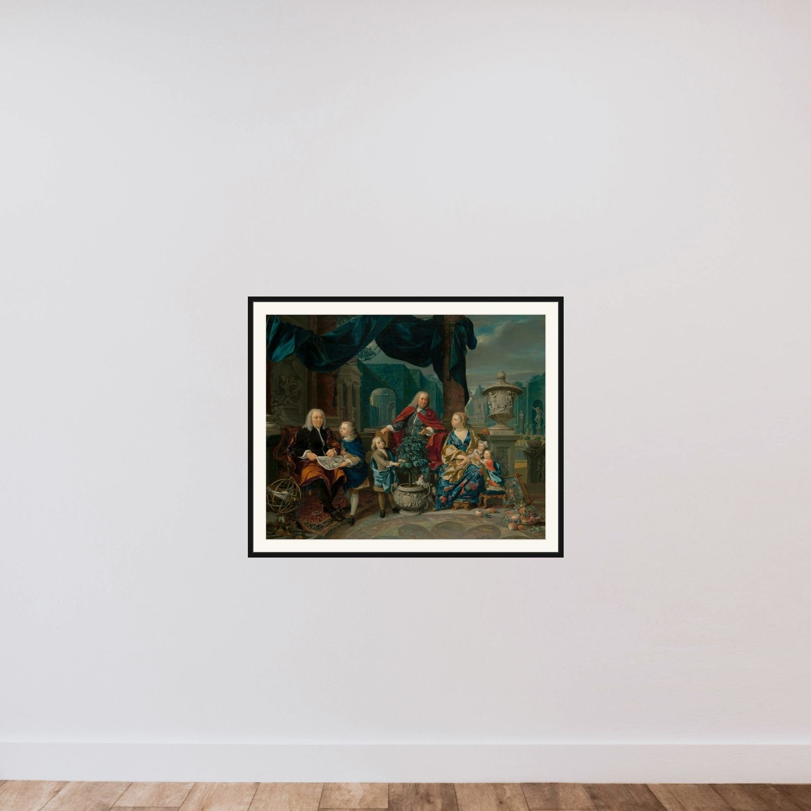 Portrait of David van Mollen and Son-in-Law Jacob Sydervelt with his Family framed — shown to scale