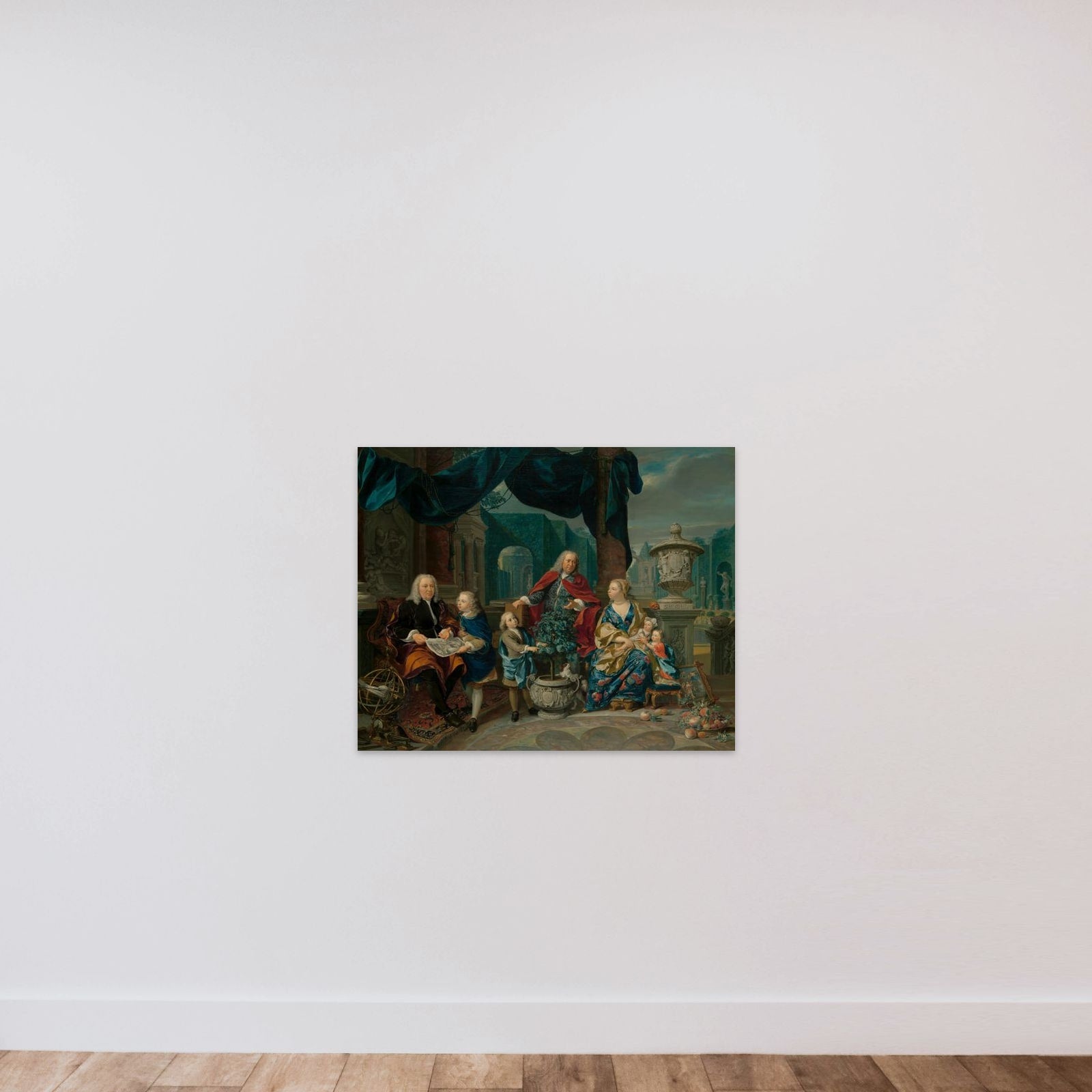 Portrait of David van Mollen and Son-in-Law Jacob Sydervelt with his Family unframed — shown to scale