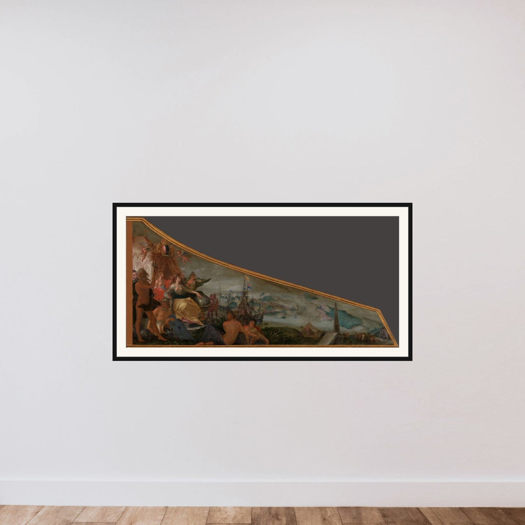 Painting on a harpsichord lid with an Allegory of Amsterdam as the center of world trade framed — shown to scale