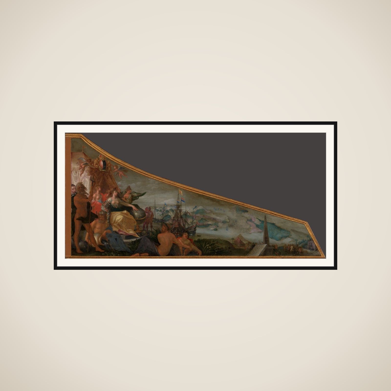 Painting on a harpsichord lid with an Allegory of Amsterdam as the center of world trade framed