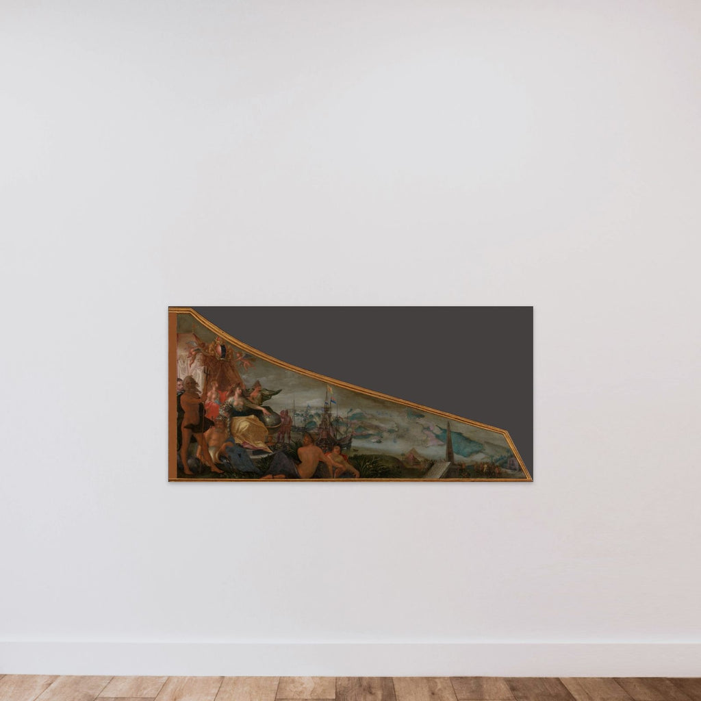 Painting on a harpsichord lid with an Allegory of Amsterdam as the center of world trade unframed — shown to scale