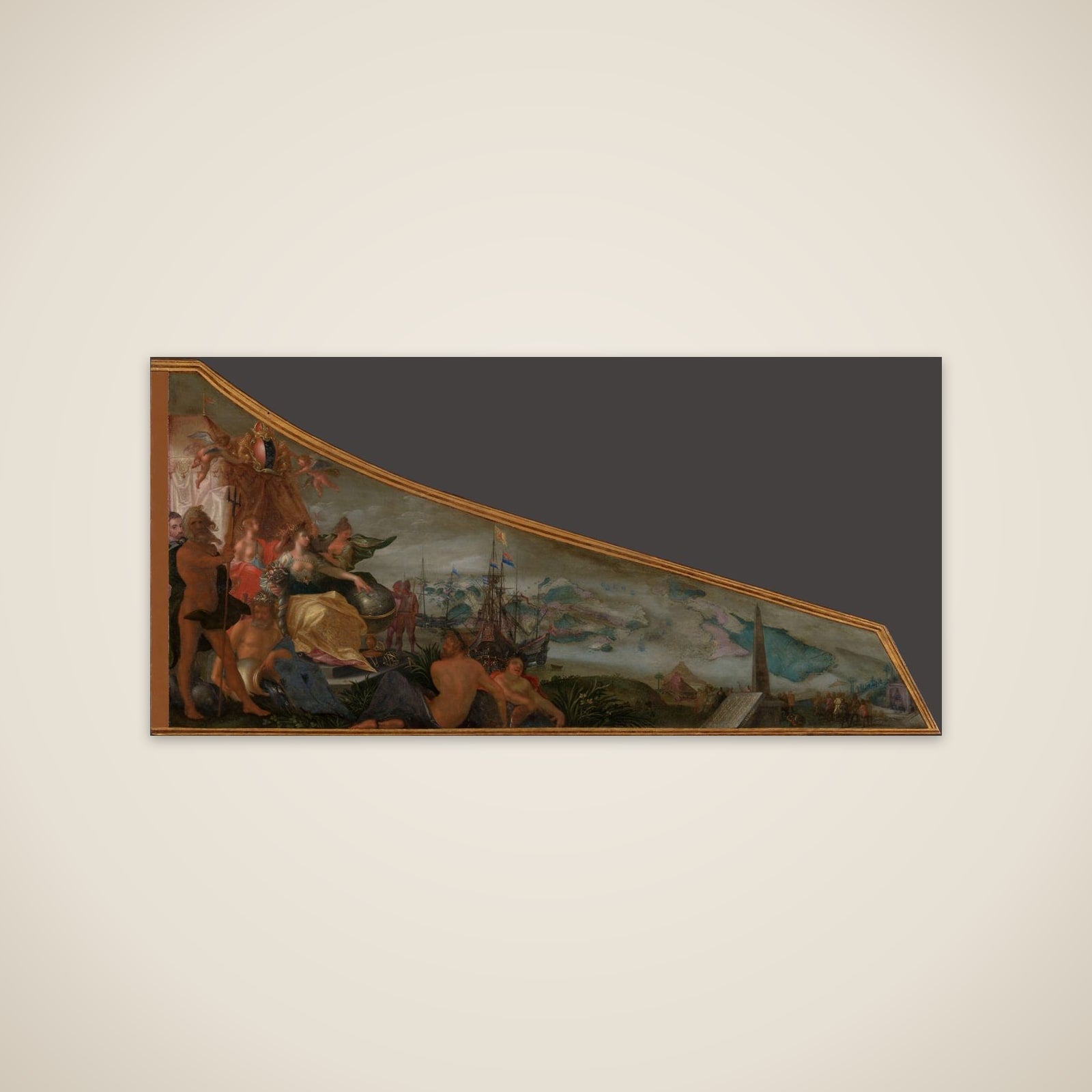 Painting on a harpsichord lid with an Allegory of Amsterdam as the center of world trade unframed print